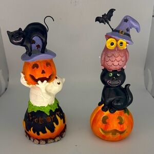 Halloween Pumpkin Light Up Figurines with Cats,  Owls and Ghost